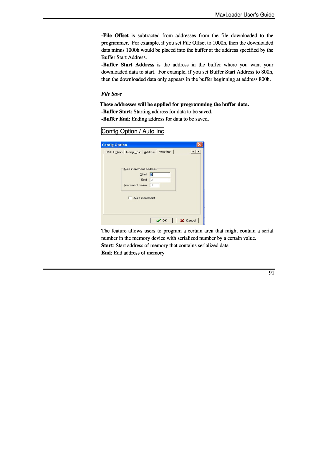 IBM MaxLoader manual Config Option / Auto Inc, File Save 