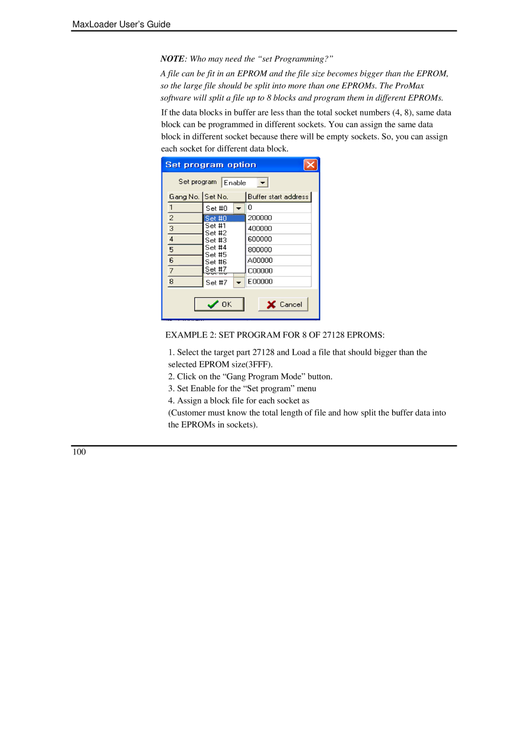 IBM MaxLoader manual Example 2 SET Program for 8 of 27128 Eproms 