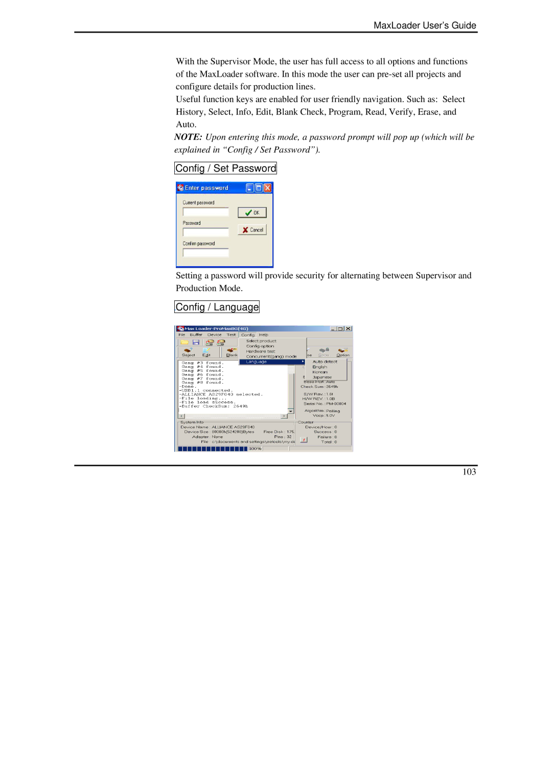 IBM MaxLoader manual Config / Set Password, Config / Language 