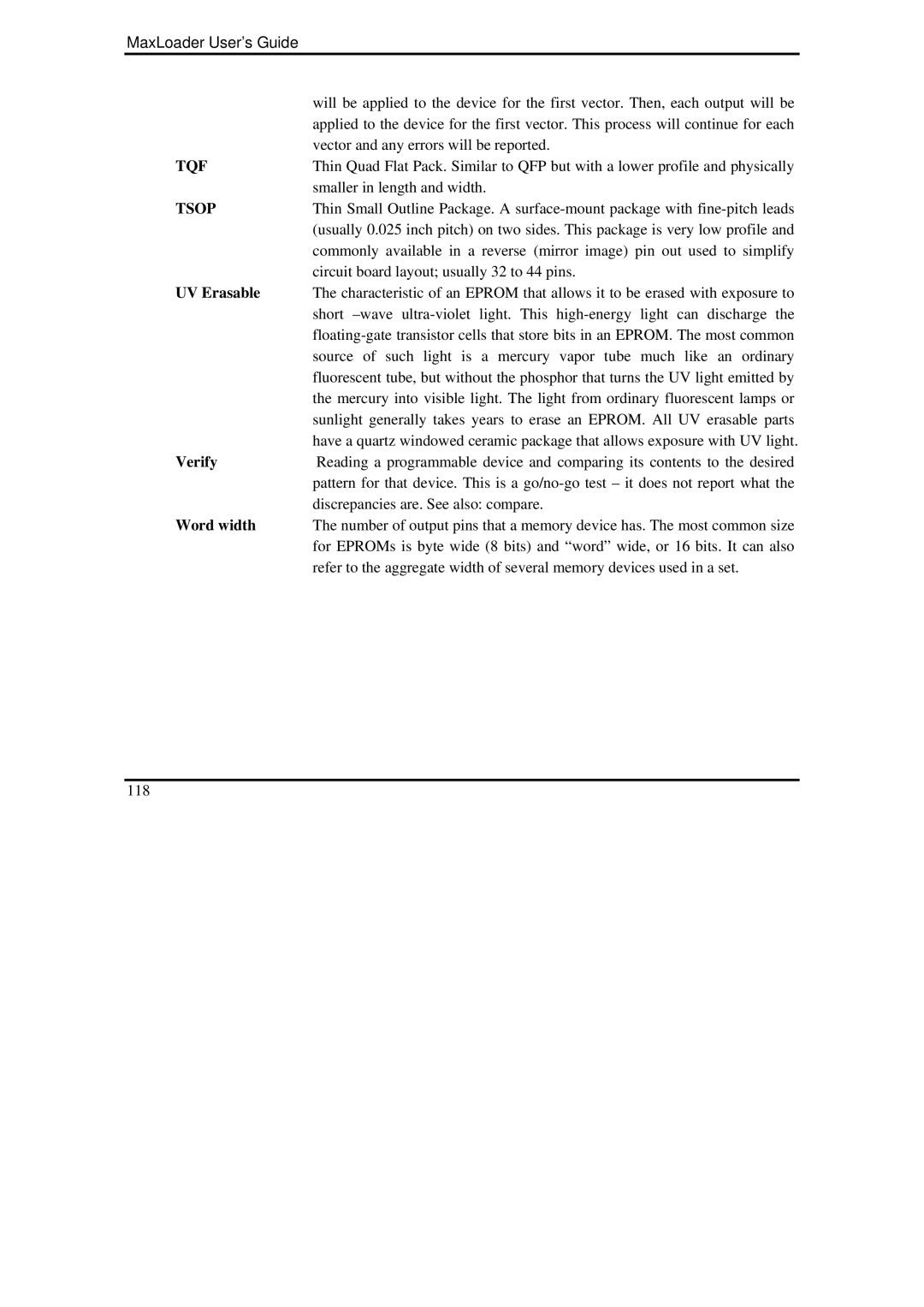 IBM MaxLoader manual Tqf, Tsop, UV Erasable, Verify, Word width 