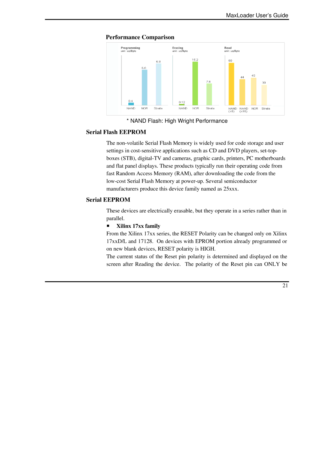 IBM MaxLoader manual Performance Comparison, Serial Flash Eeprom, Serial Eeprom, ƒ Xilinx 17xx family 