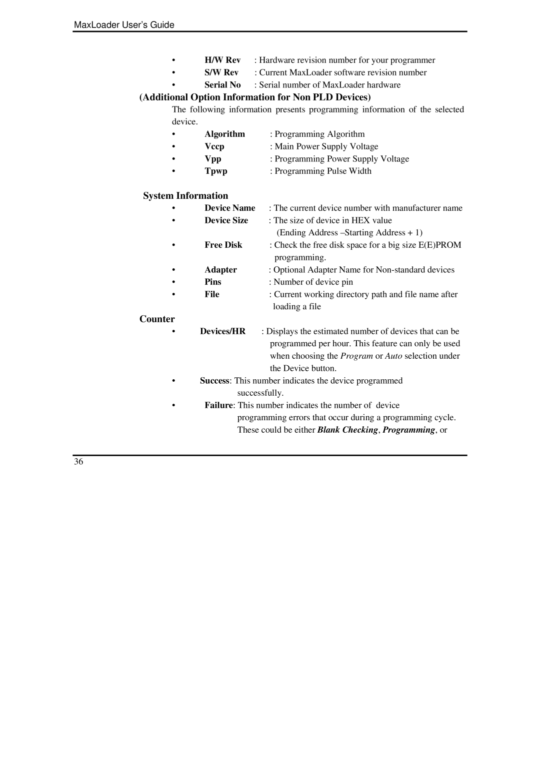 IBM MaxLoader manual Additional Option Information for Non PLD Devices, System Information, Counter 