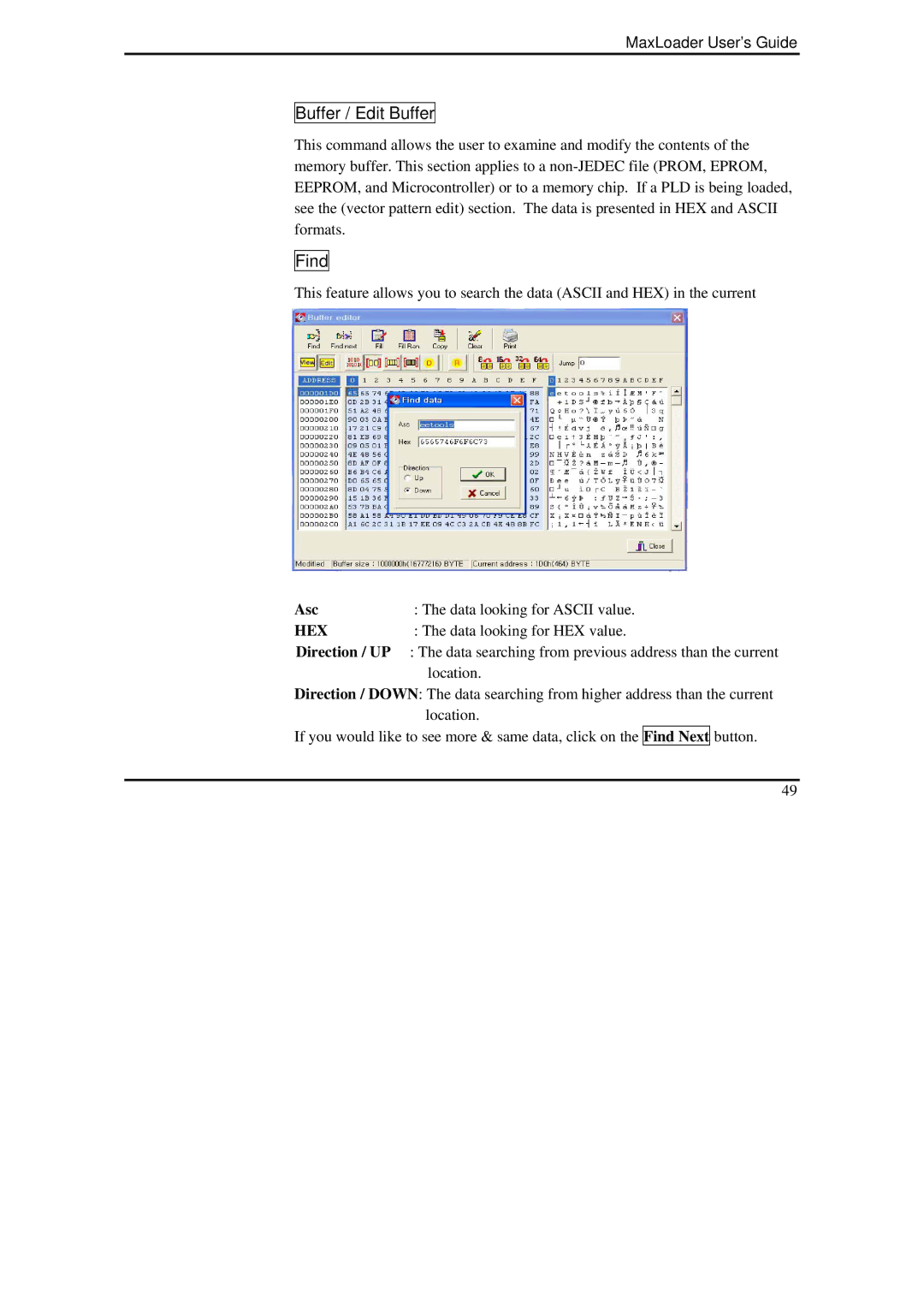 IBM MaxLoader manual Buffer / Edit Buffer, Find, Asc Data looking for Ascii value, Hex, Data looking for HEX value 