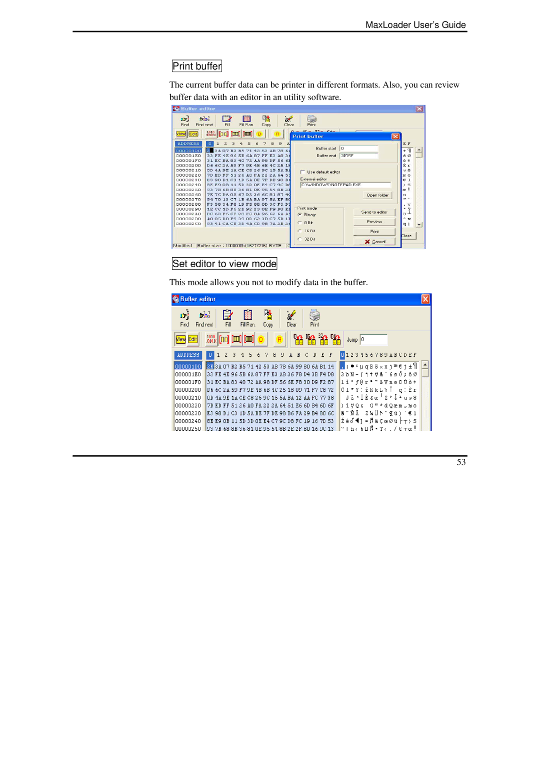 IBM MaxLoader manual Print buffer, Set editor to view mode 