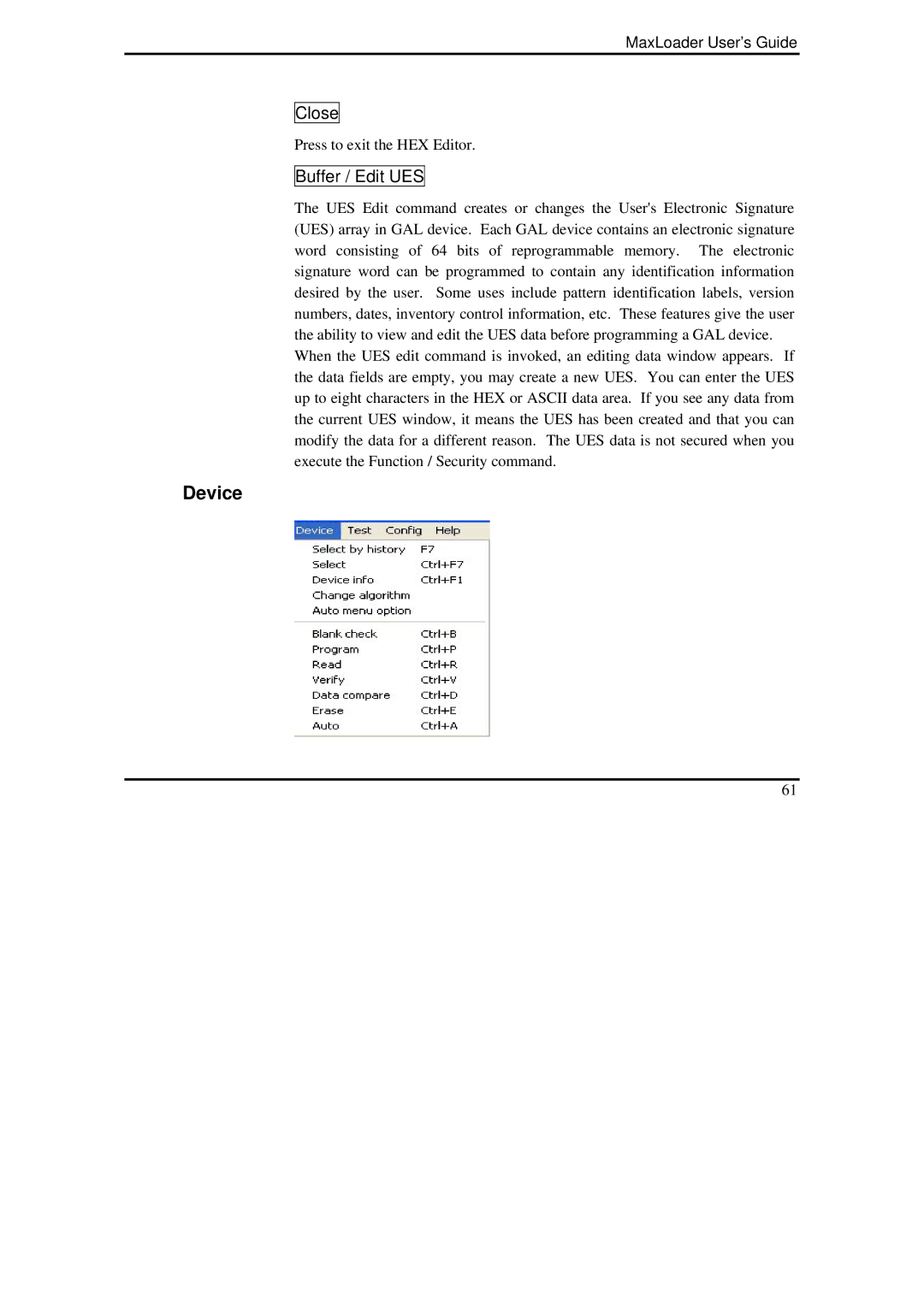 IBM MaxLoader manual Close, Buffer / Edit UES 