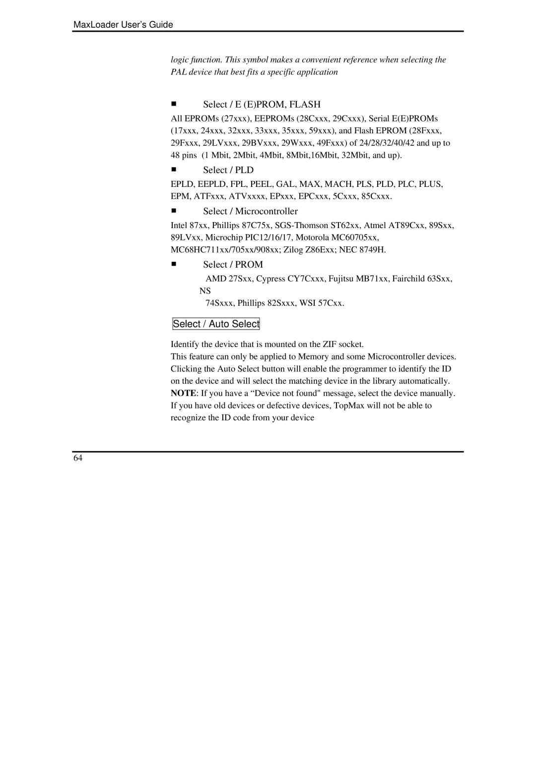 IBM MaxLoader manual ƒ Select / E EPROM, Flash, Select / Auto Select 