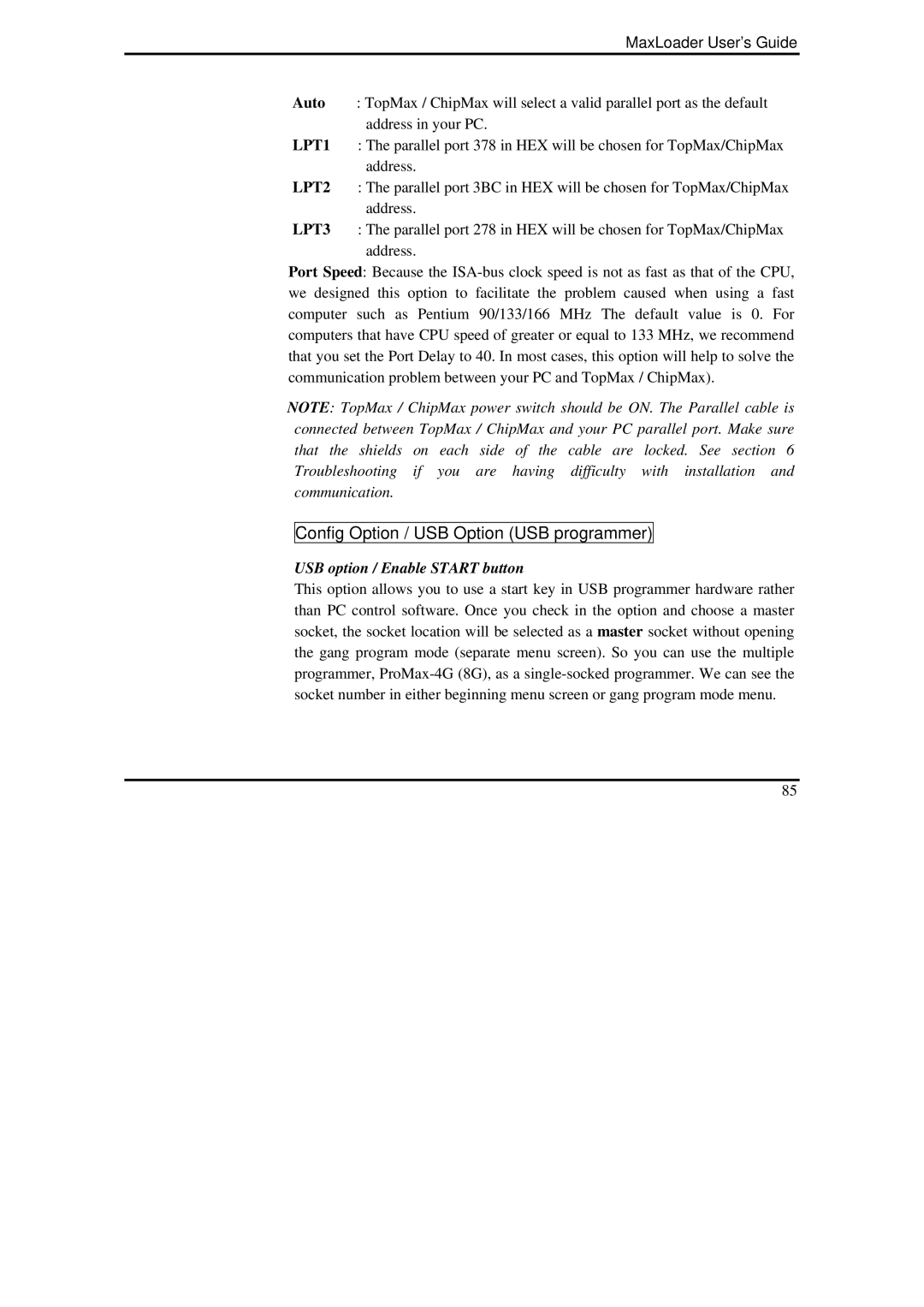 IBM MaxLoader manual Config Option / USB Option USB programmer, USB option / Enable Start button 