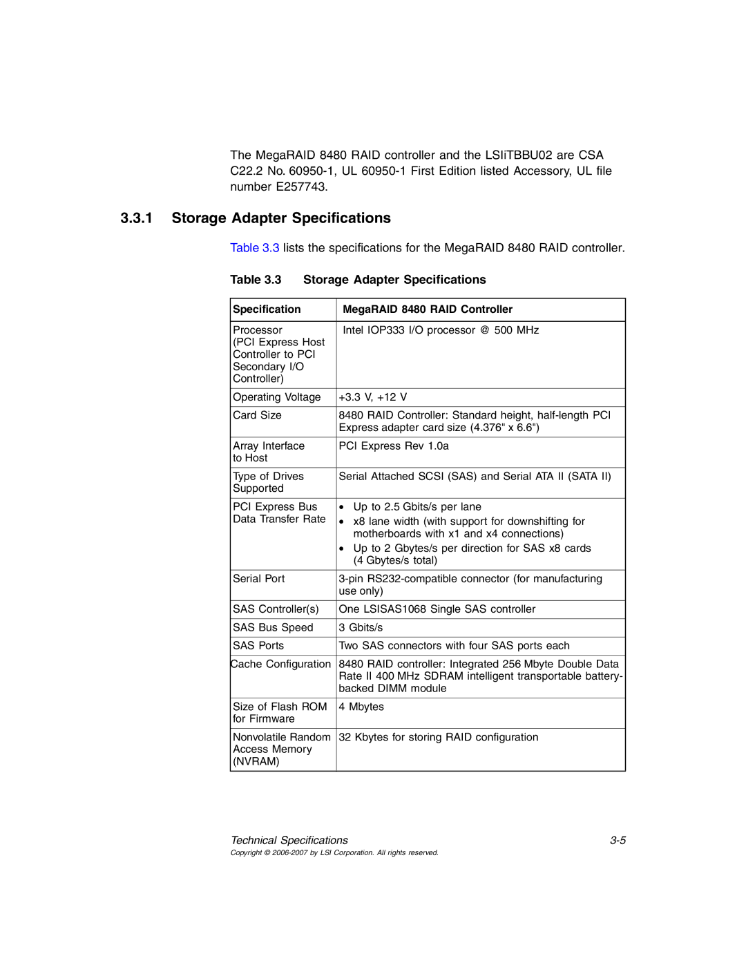 IBM MegaRAID 8480 manual Storage Adapter Specifications 