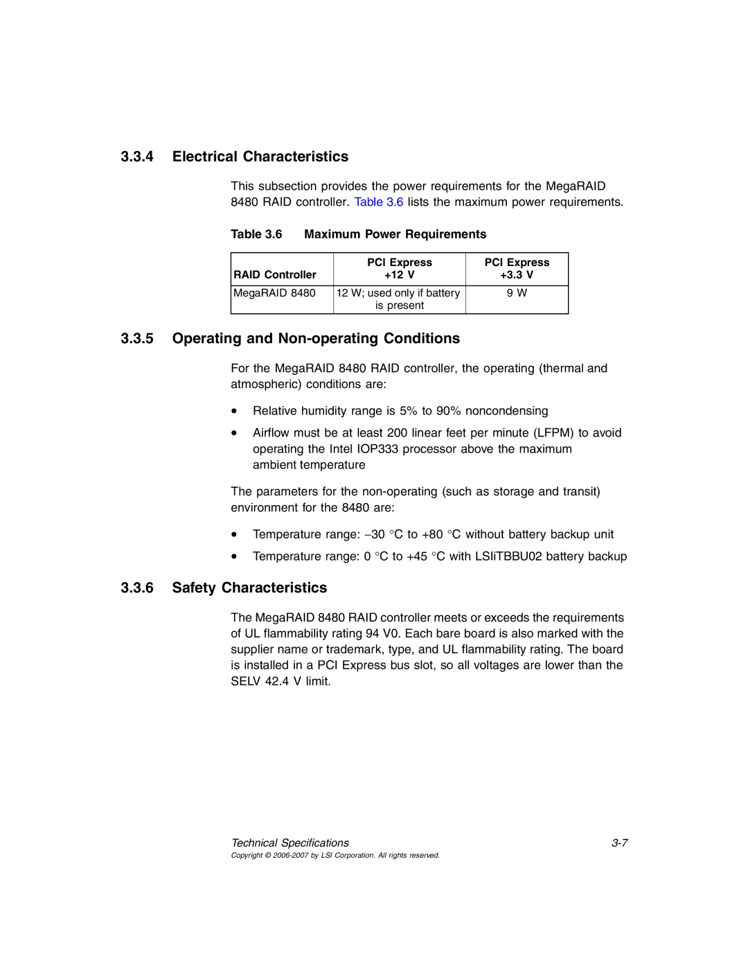 IBM MegaRAID 8480 manual Electrical Characteristics, Operating and Non-operating Conditions, Safety Characteristics 