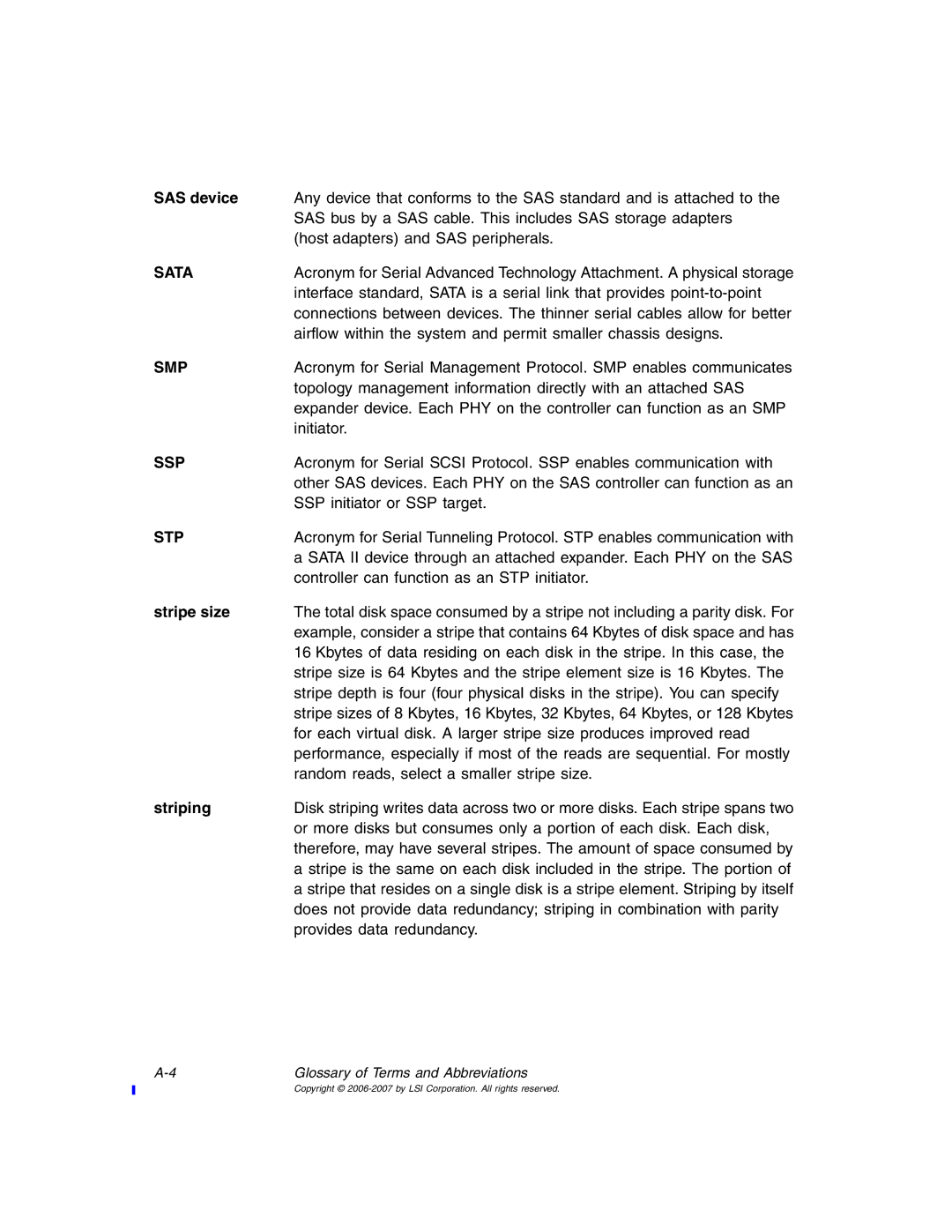 IBM MegaRAID 8480 manual SAS device, Stripe size, Striping 