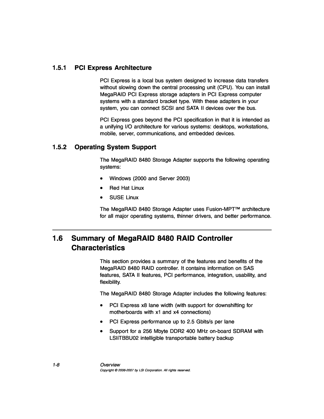 IBM manual Summary of MegaRAID 8480 RAID Controller Characteristics, PCI Express Architecture, Operating System Support 