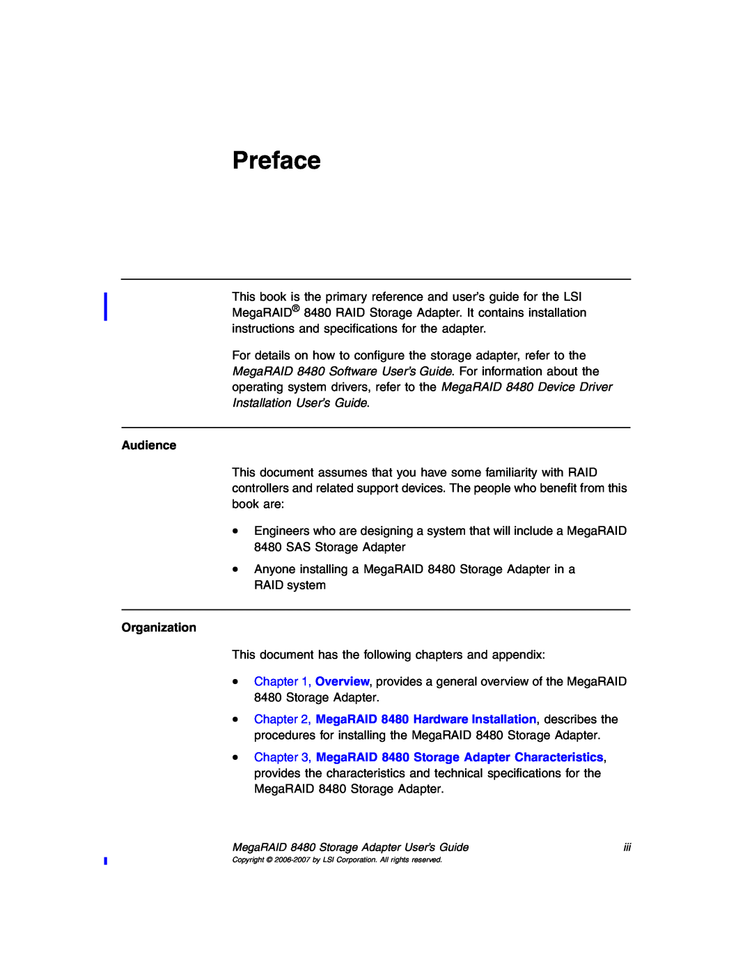 IBM MegaRAID 8480 manual Preface, Audience, Organization 