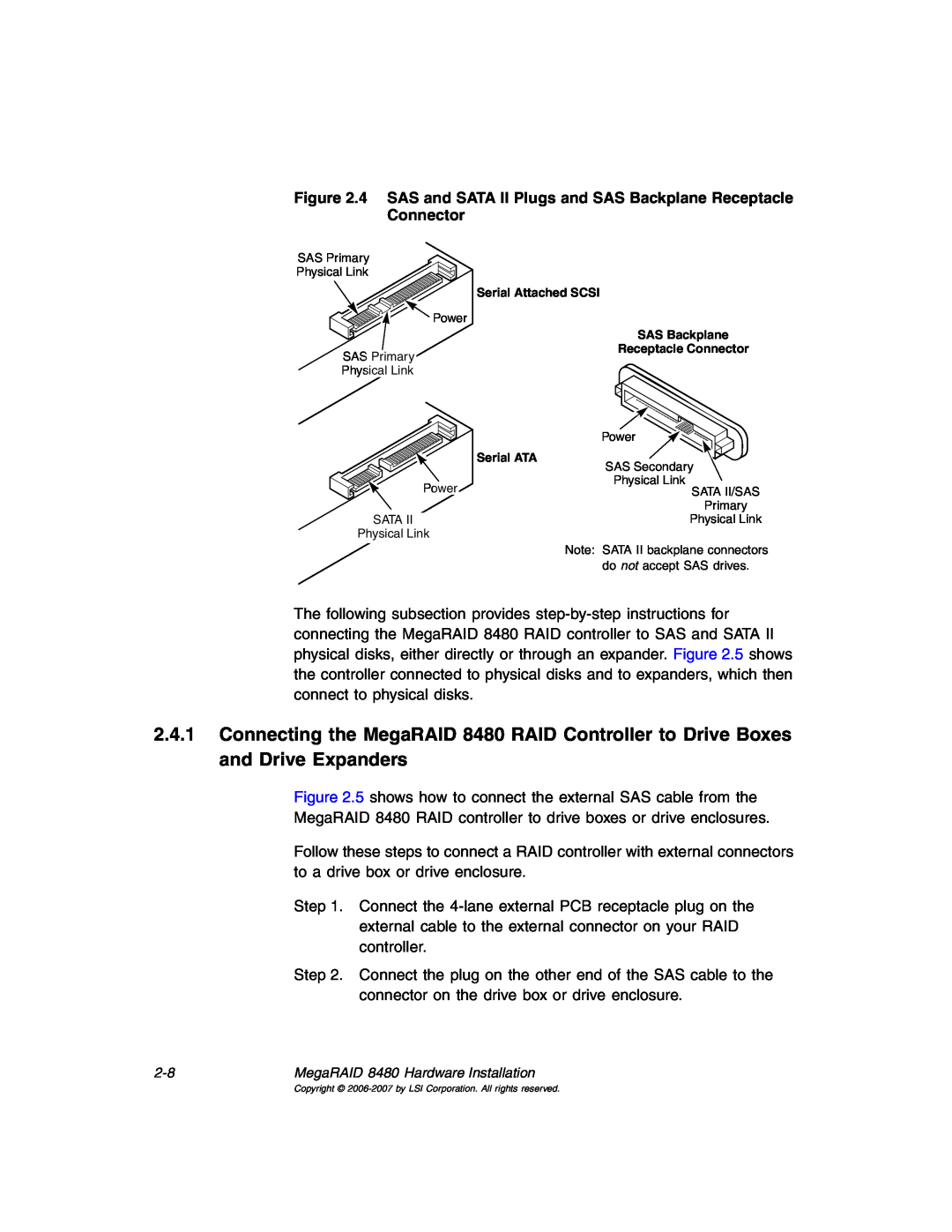 IBM MegaRAID 8480 manual 5 shows how to connect the external SAS cable from the 