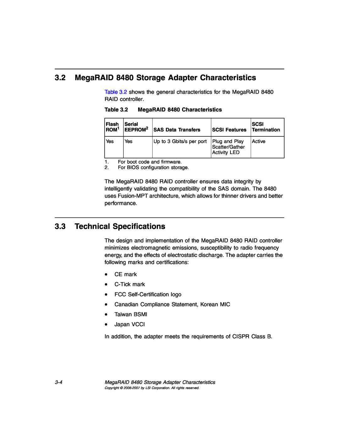 IBM manual MegaRAID 8480 Storage Adapter Characteristics, Technical Specifications, 2 MegaRAID 8480 Characteristics 