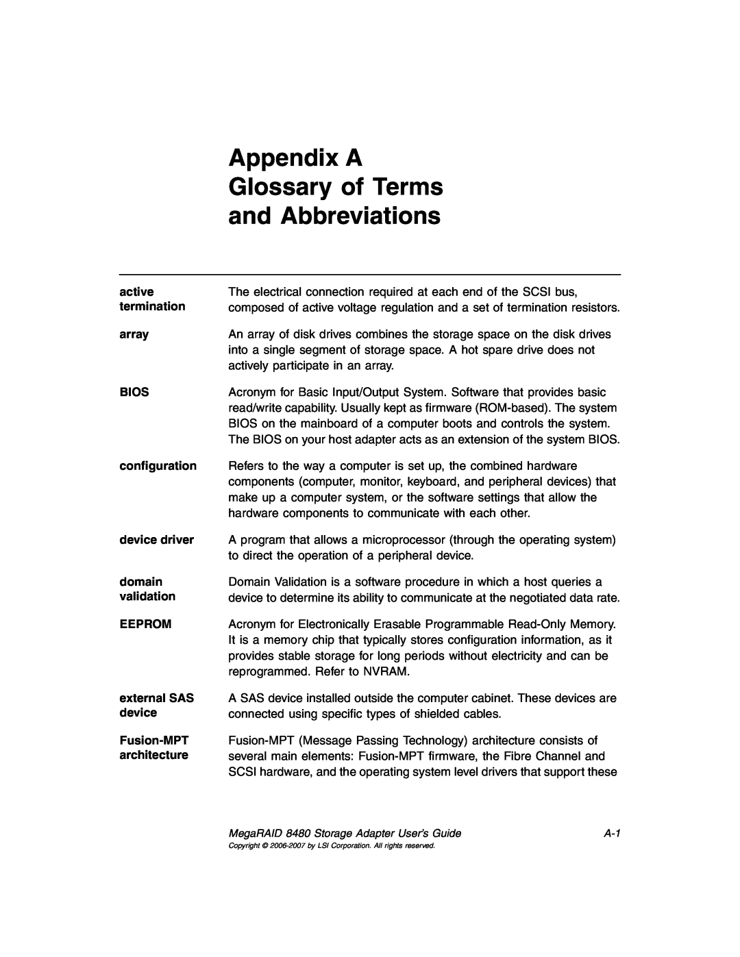 IBM MegaRAID 8480 manual Appendix A Glossary of Terms and Abbreviations, active, termination, array, Bios, configuration 