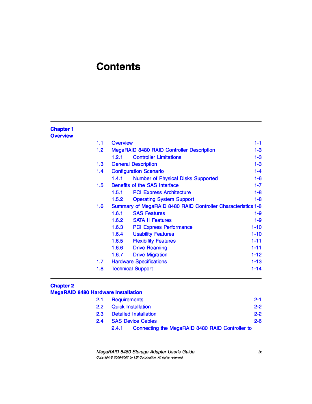 IBM manual Contents, Chapter Overview, MegaRAID 8480 Hardware Installation 