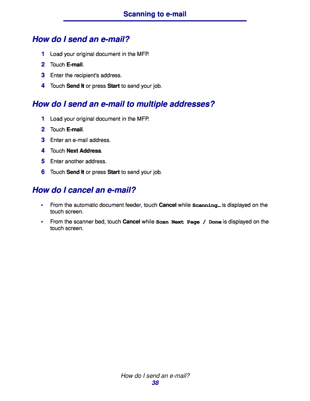 IBM MFP 35, MFP 30 How do I send an e-mail?, How do I send an e-mail to multiple addresses?, How do I cancel an e-mail? 