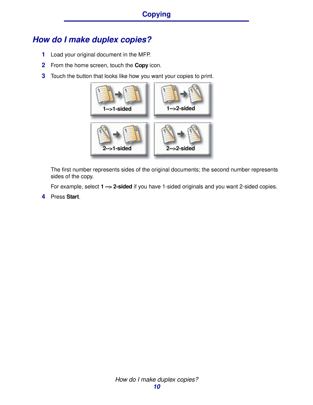 IBM MFP 35, MFP 30 manual How do I make duplex copies?, Sided1--2-sided Sided2--2-sided 