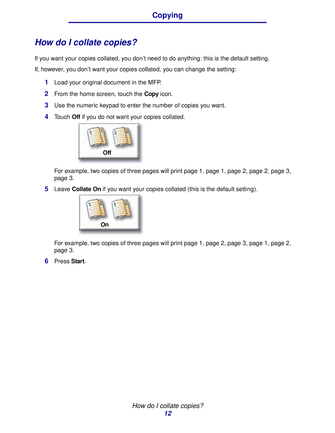 IBM MFP 35, MFP 30 manual How do I collate copies?, Off 