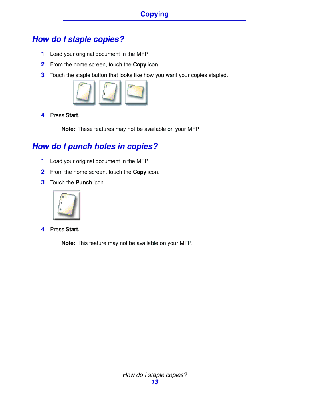 IBM MFP 30, MFP 35 manual How do I staple copies?, How do I punch holes in copies? 