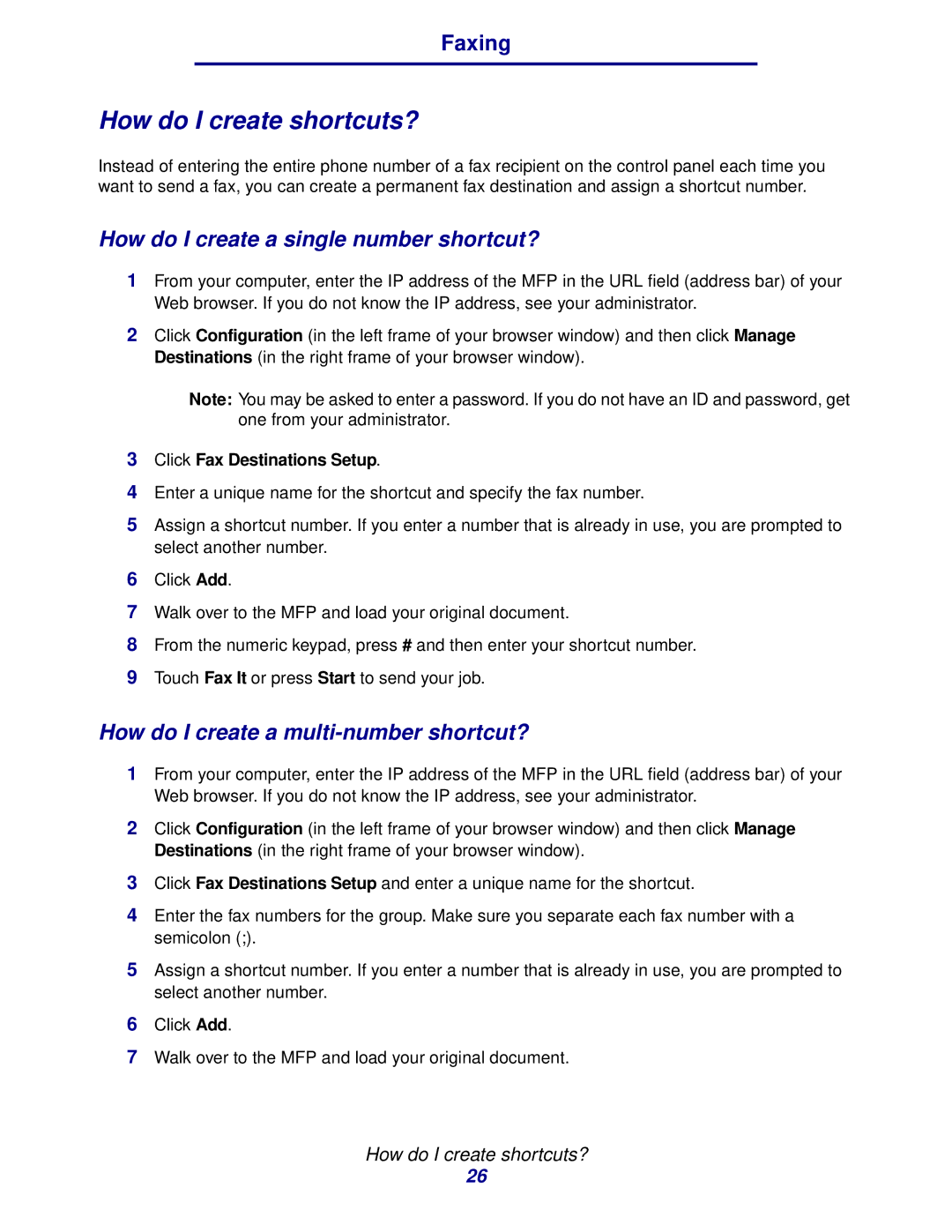 IBM MFP 35, MFP 30 manual How do I create shortcuts?, Click Fax Destinations Setup 