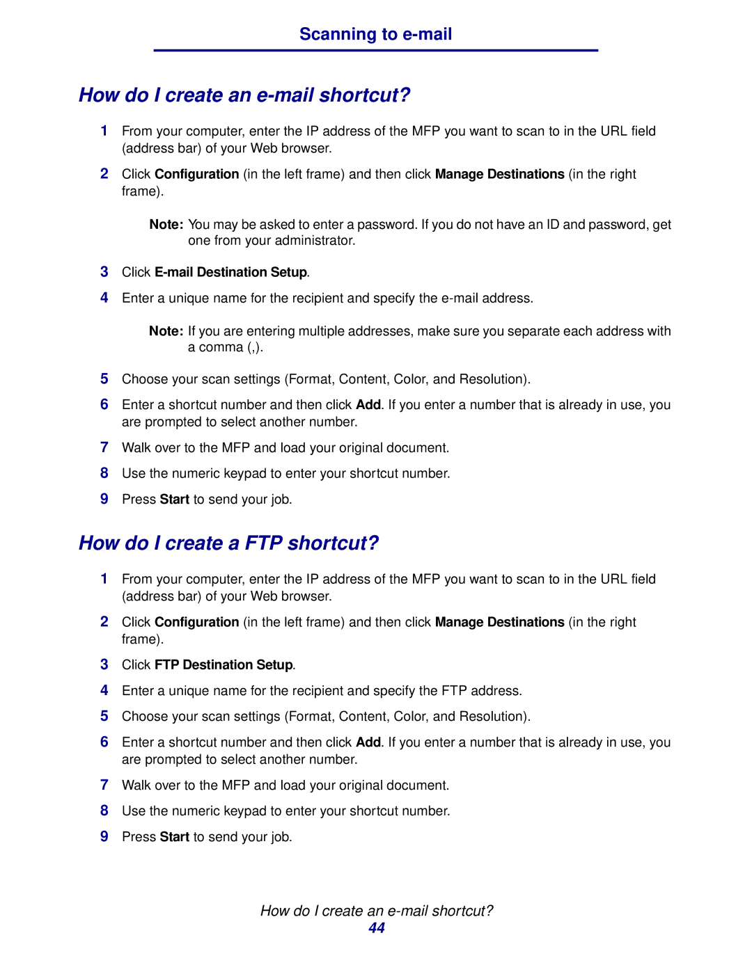 IBM MFP 35, MFP 30 How do I create an e-mail shortcut?, How do I create a FTP shortcut?, Click E-mail Destination Setup 