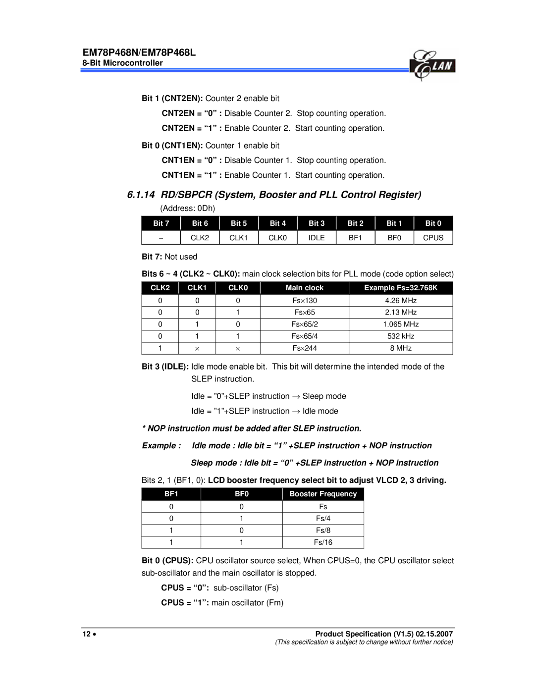 IBM MiEM78P468L manual 14 RD/SBPCR System, Booster and PLL Control Register, Address 0Dh, Main clock, Example Fs=32.768K 