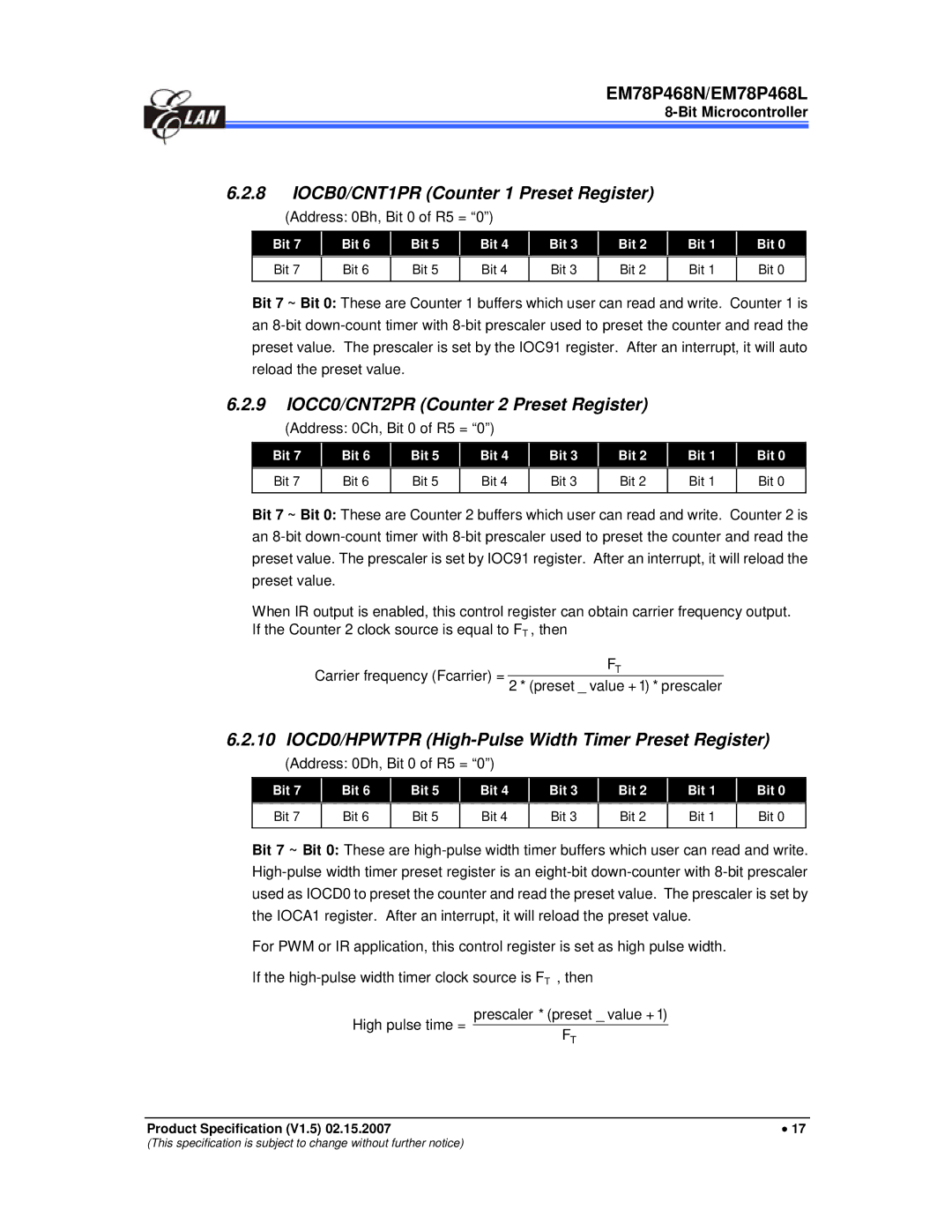 IBM MiEM78P468N, MiEM78P468L manual IOCB0/CNT1PR Counter 1 Preset Register, IOCC0/CNT2PR Counter 2 Preset Register 