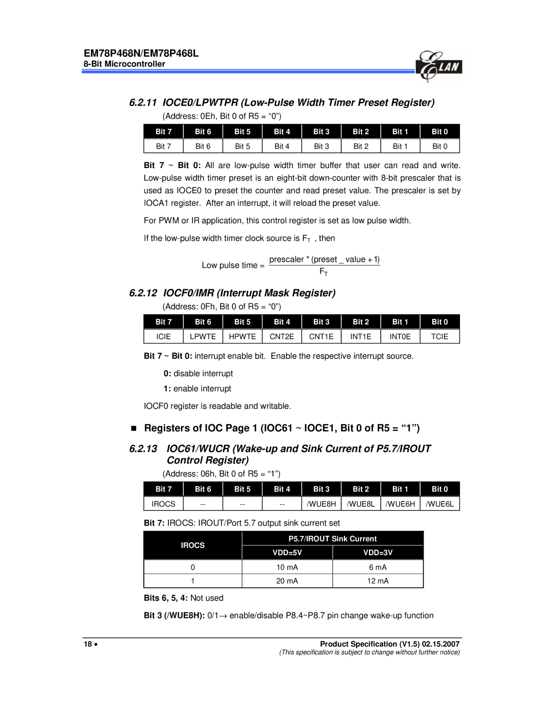 IBM MiEM78P468L, MiEM78P468N manual IOCE0/LPWTPR Low-Pulse Width Timer Preset Register, IOCF0/IMR Interrupt Mask Register 