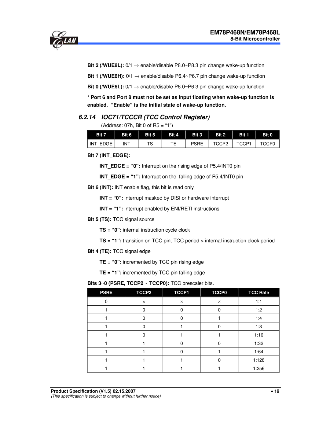 IBM MiEM78P468N manual 14 IOC71/TCCCR TCC Control Register, Bit 7 Intedge, Bits 3~0 PSRE, TCCP2 ~ TCCP0 TCC prescaler bits 