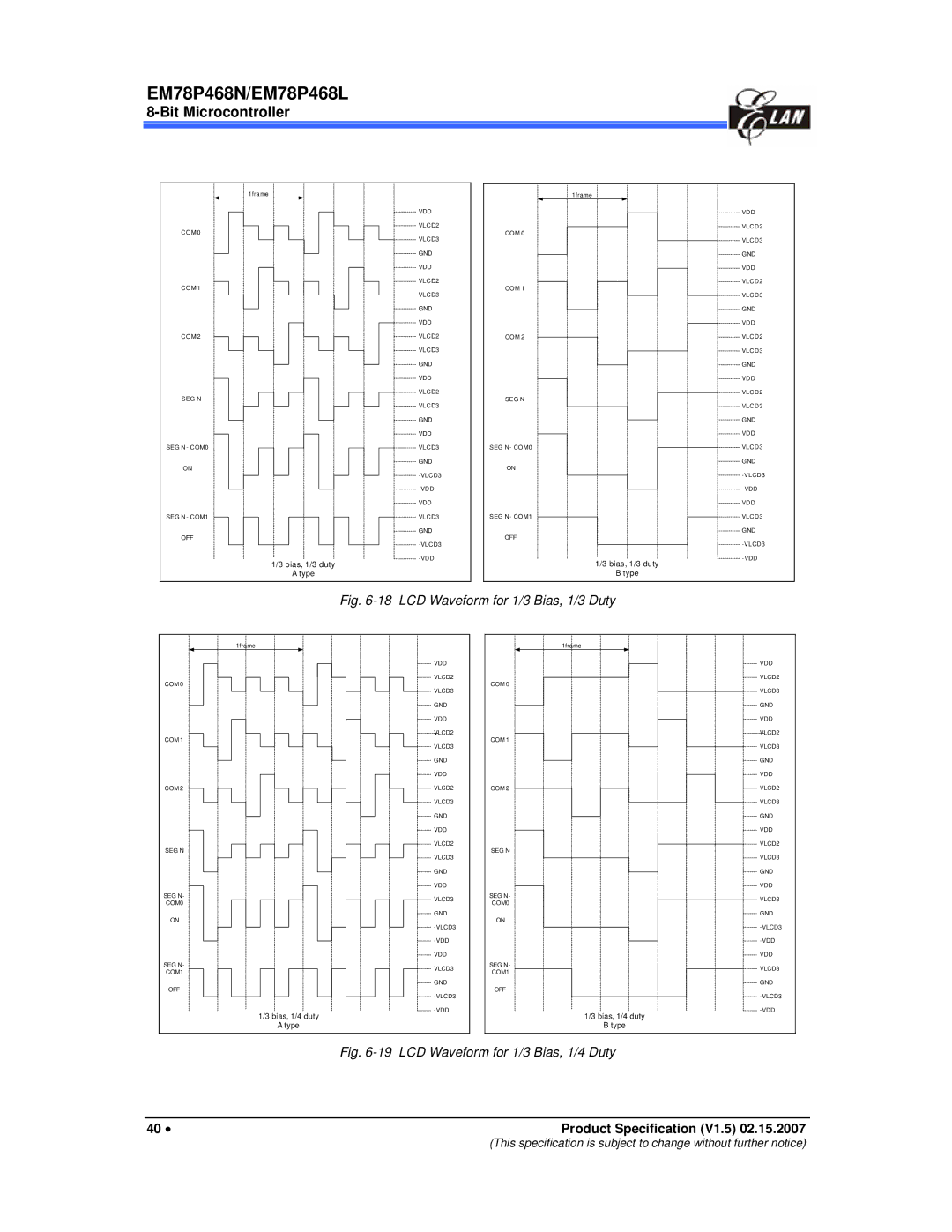 IBM MiEM78P468L, MiEM78P468N manual LCD Waveform for 1/3 Bias, 1/3 Duty 