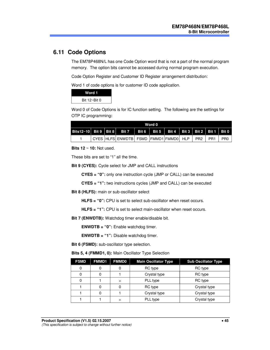 IBM MiEM78P468N manual Code Options, Bits 12 ~ 10 Not used, Bits12~10 Word, Main Oscillator Type Sub Oscillator Type 