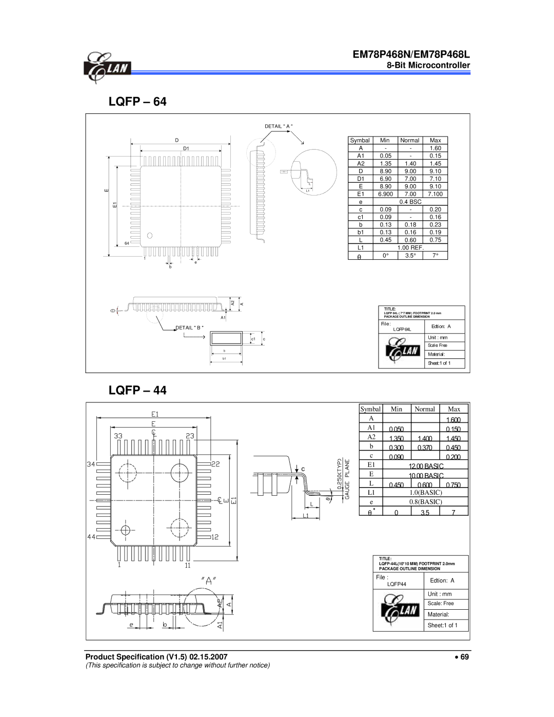 IBM MiEM78P468N, MiEM78P468L manual Lqfp, 900 100 BSC 00 REF 