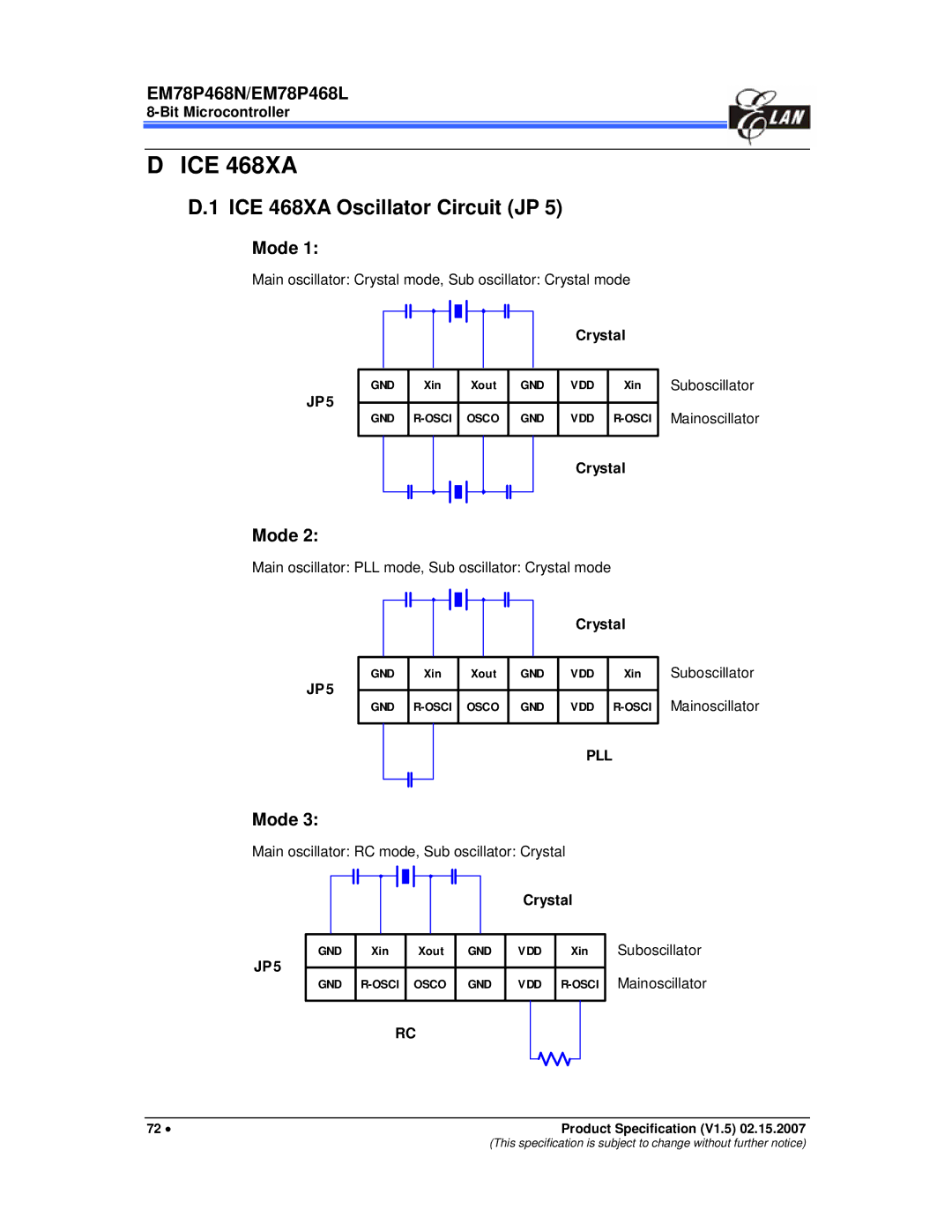 IBM MiEM78P468L, MiEM78P468N ICE 468XA Oscillator Circuit JP, Main oscillator Crystal mode, Sub oscillator Crystal mode 