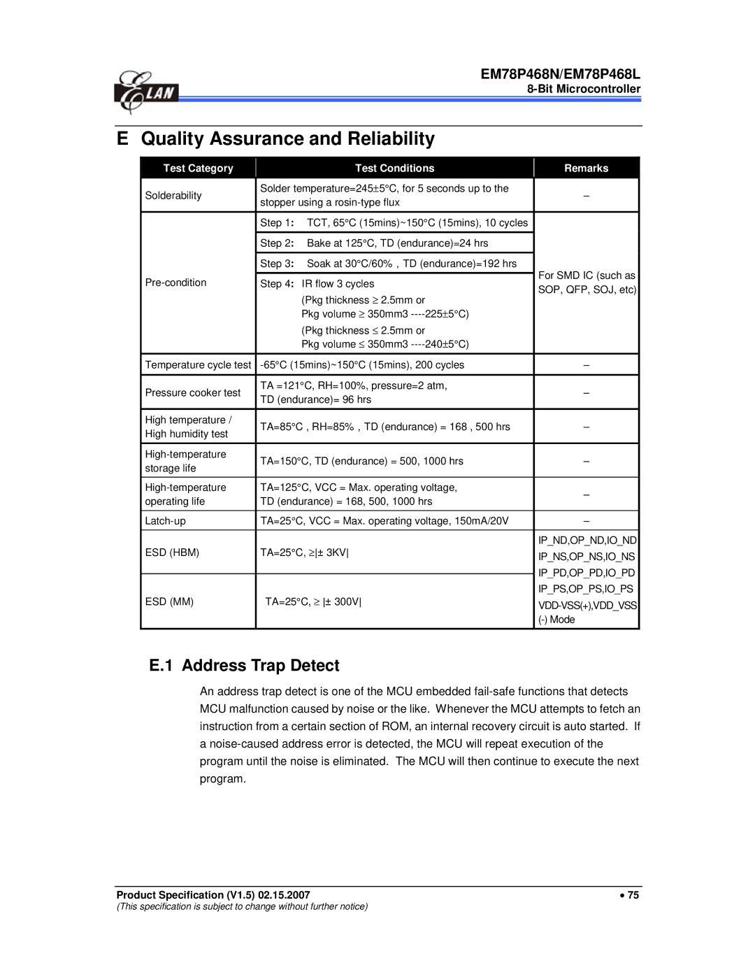 IBM MiEM78P468N, MiEM78P468L manual Quality Assurance and Reliability, Address Trap Detect, Test Category Test Conditions 