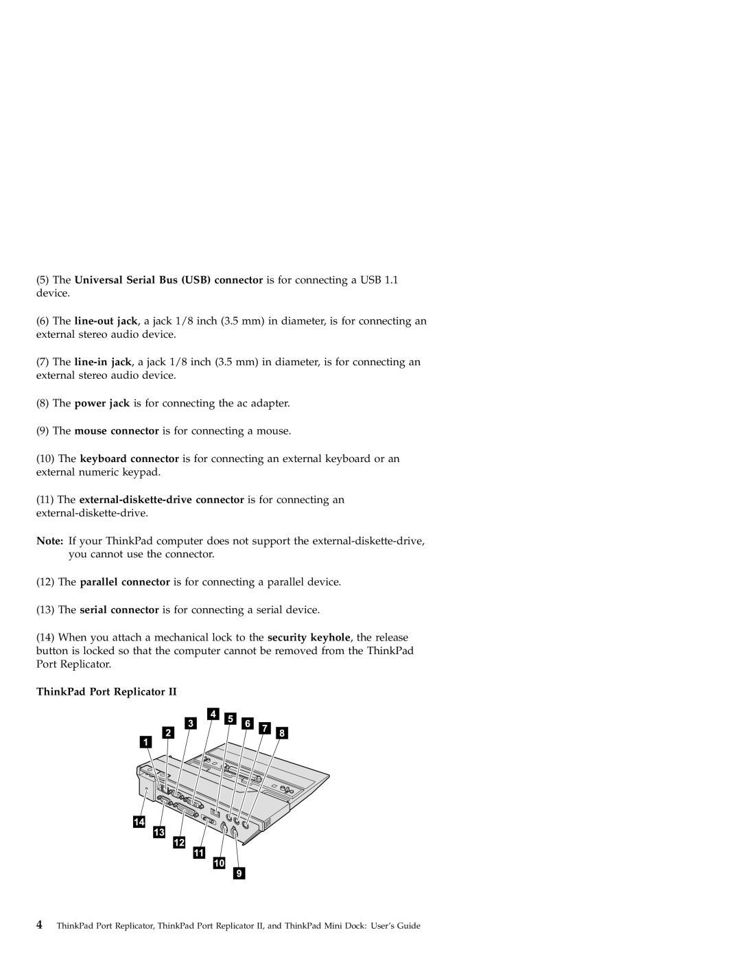 IBM Mini Dock, Port Replicator II manual External-diskette-drive connector is for connecting an 