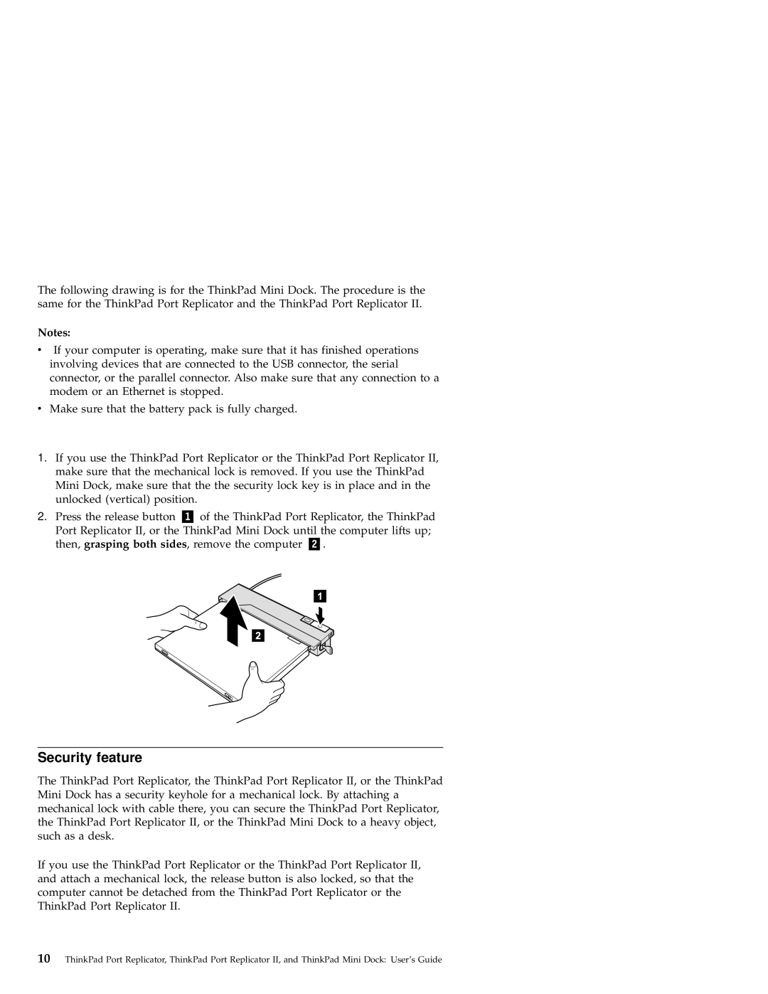 IBM Mini Dock, Port Replicator II manual Security feature 