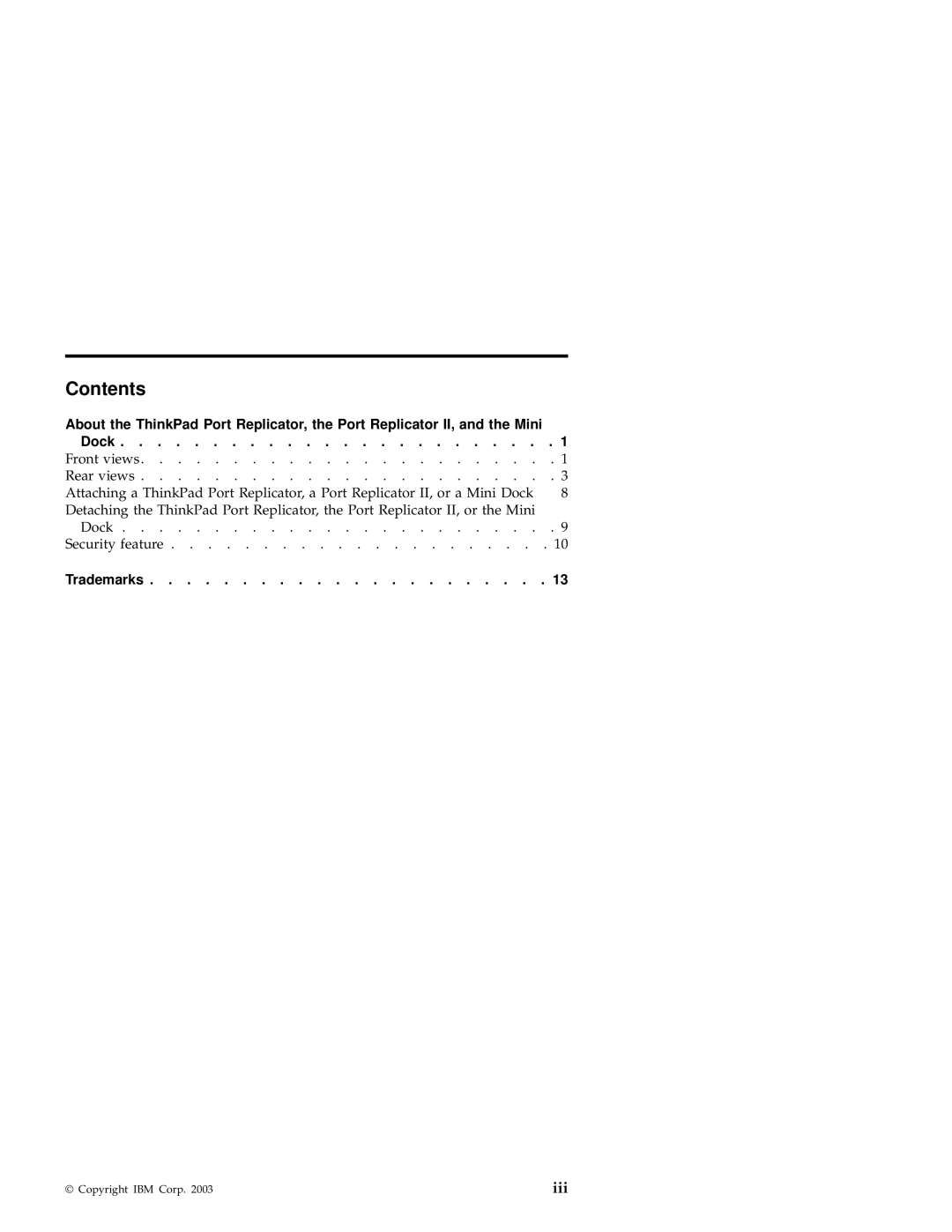 IBM Port Replicator II, Mini Dock manual Contents 