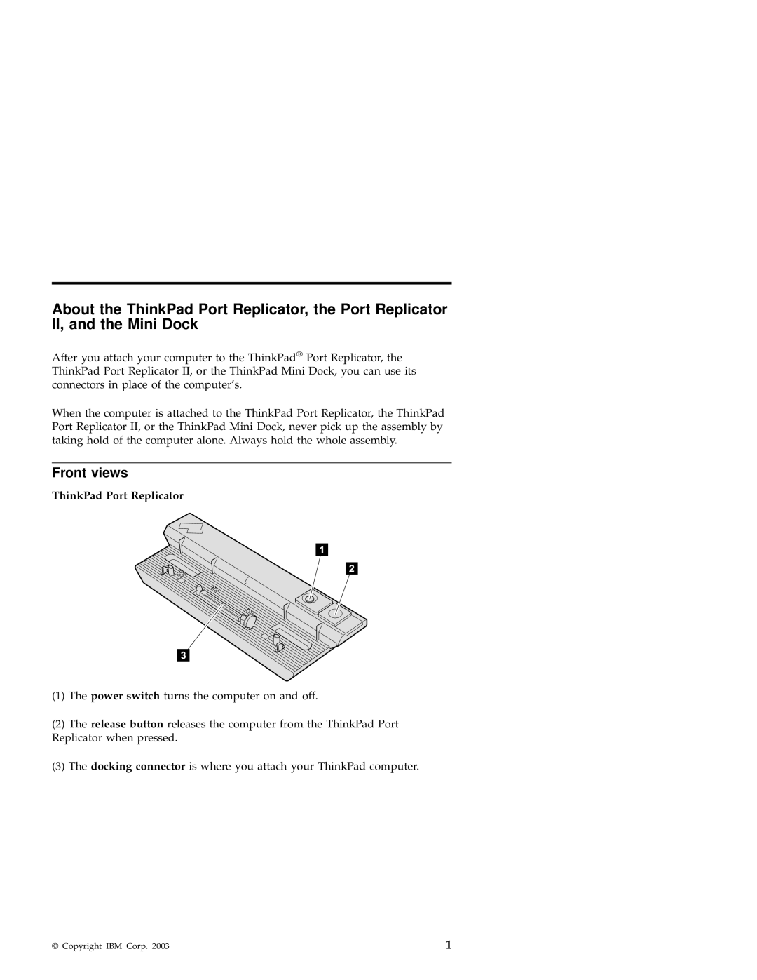 IBM Mini Dock, Port Replicator II manual Front views 