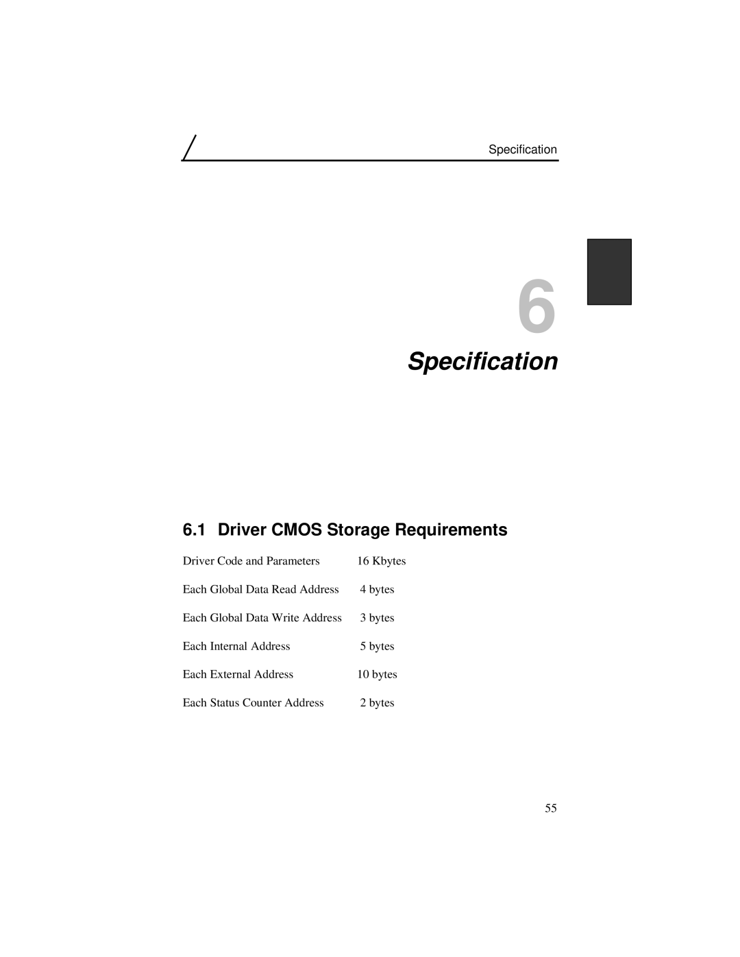 IBM Modbus Plus manual Specification, Driver Cmos Storage Requirements 