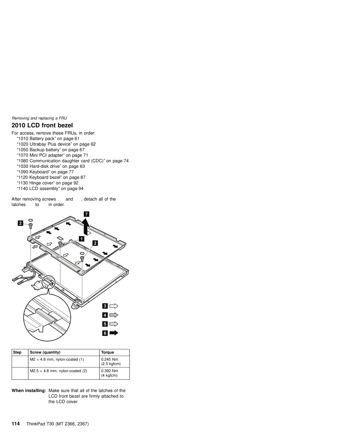 IBM MT 2366, MT 2367 manual LCD front bezel, Step Screw quantity Torque 