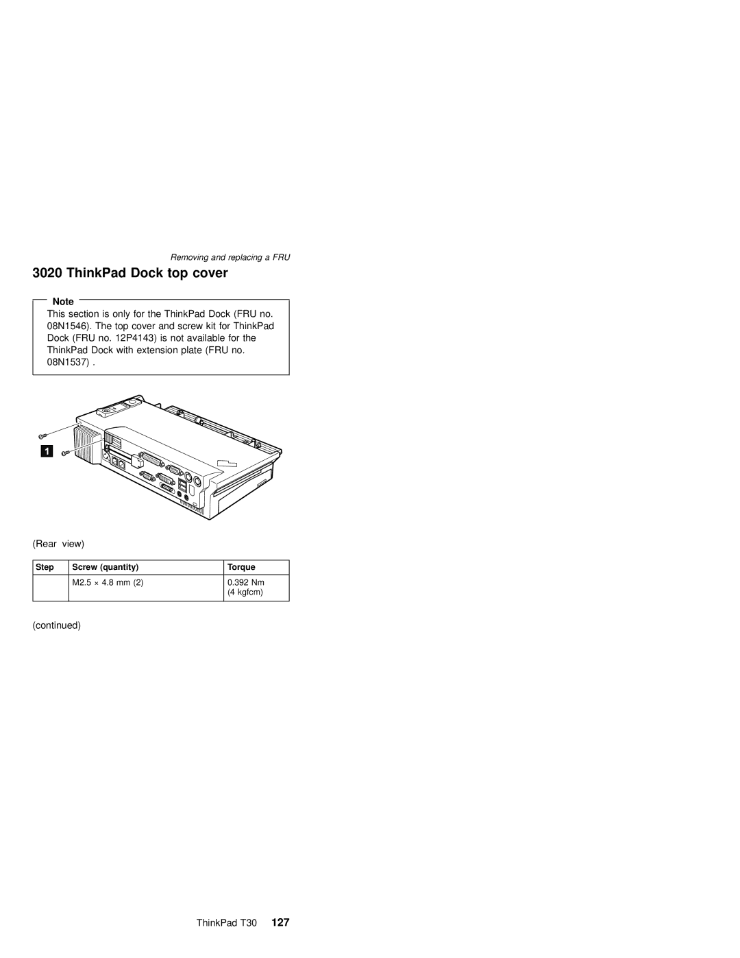 IBM MT 2367, MT 2366 manual ThinkPad Dock top cover, Rear View, Step Screw quantity Torque M2.5 × 4.8 mm 392 Nm Kgfcm 