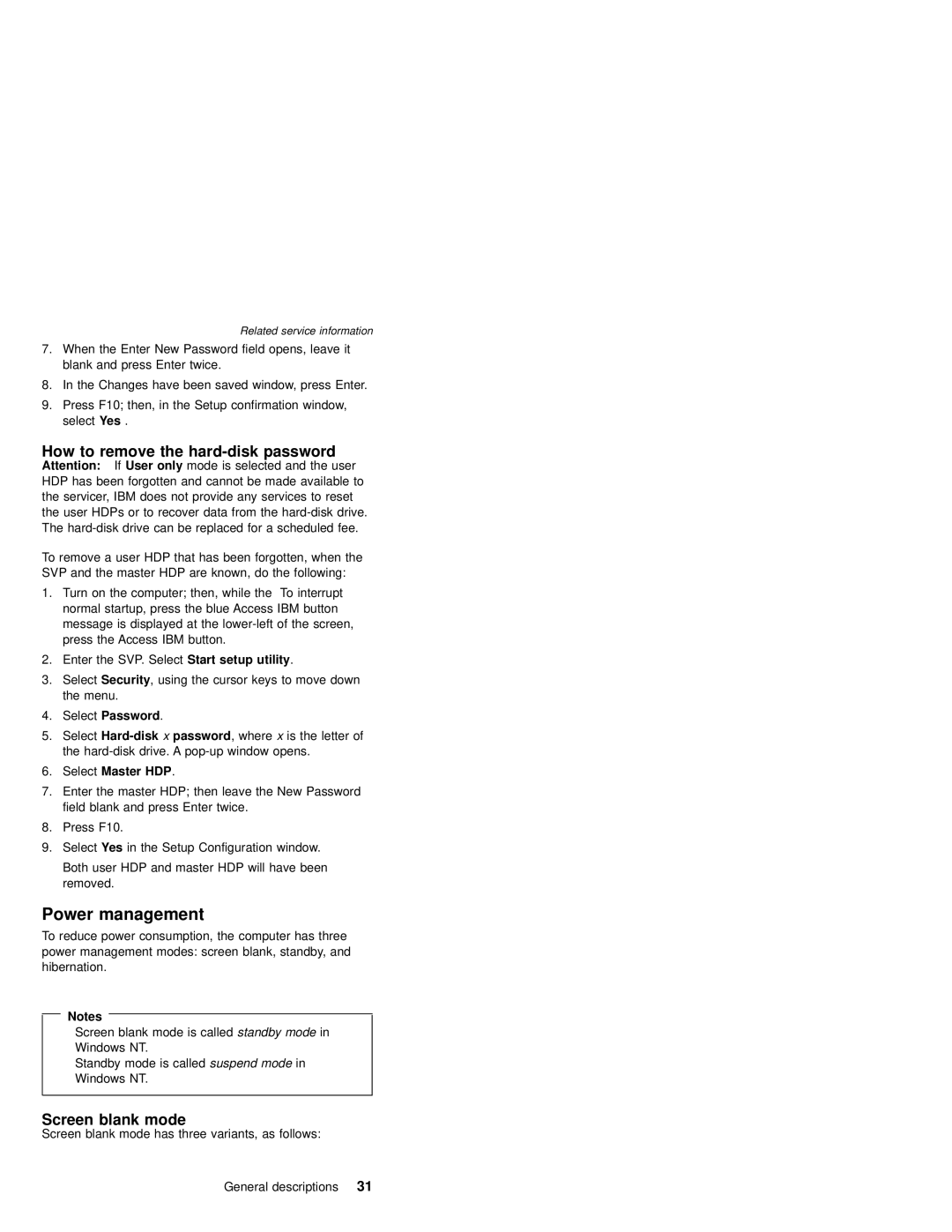 IBM MT 2367, MT 2366 manual Power management, How to remove the hard-disk password, Screen blank mode, Select Master HDP 