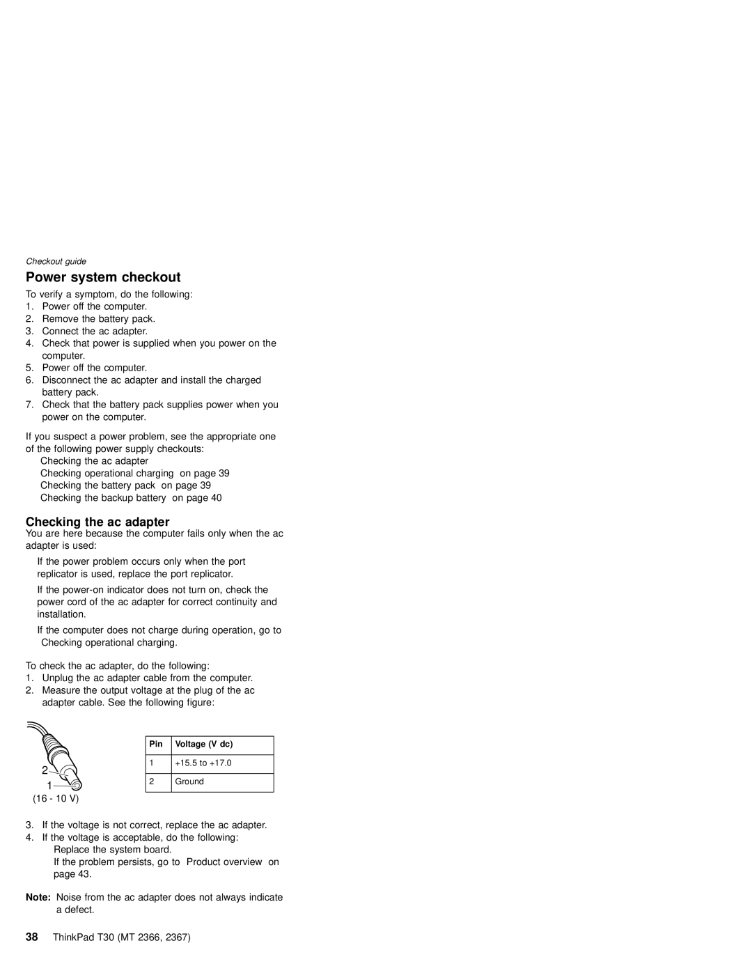 IBM MT 2366, MT 2367 manual Power system checkout, Checking the ac adapter, Pin Voltage V dc 