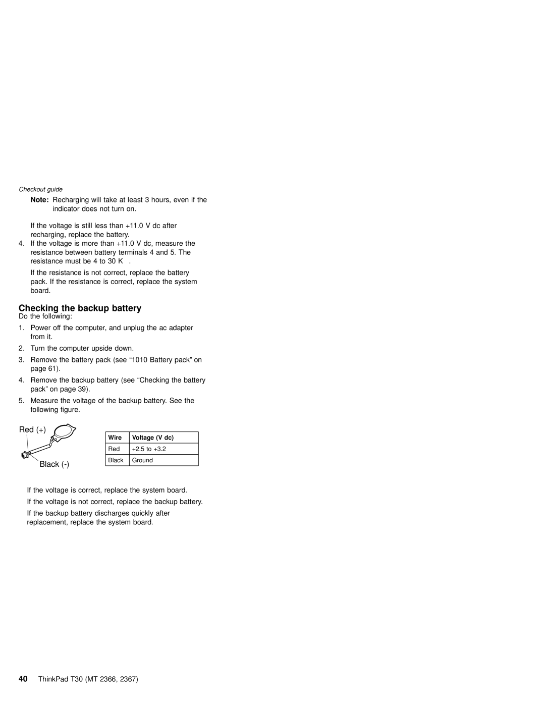 IBM MT 2366, MT 2367 manual Checking the backup battery, Wire Voltage V dc 