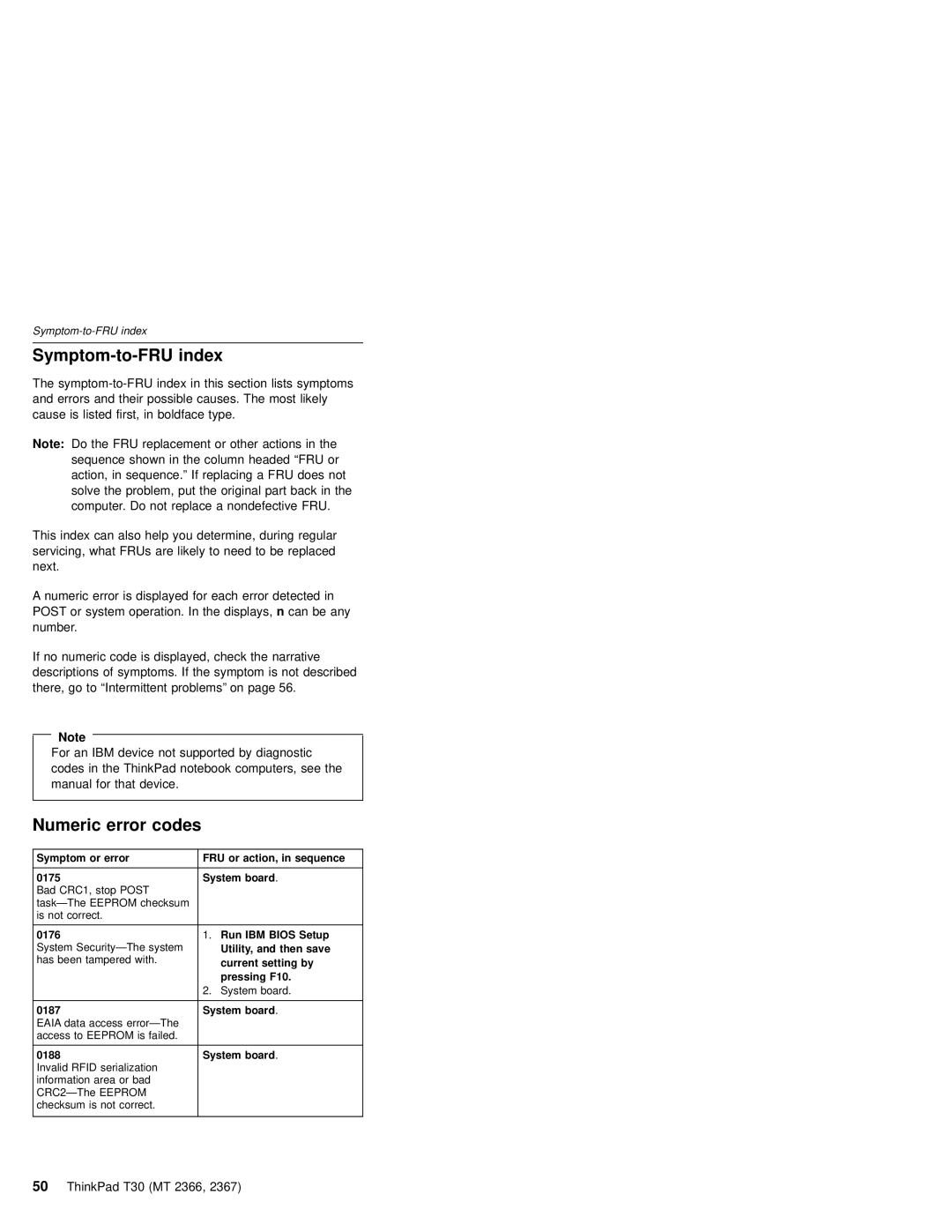 IBM MT 2366, MT 2367 manual Symptom-to-FRU index, Numeric error codes 