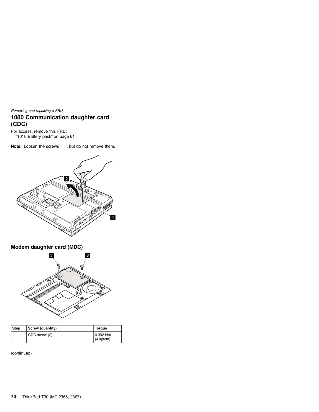 IBM MT 2366 Communication daughter card CDC, Modem daughter card MDC, Step Screw quantity Torque CDC screw 392 Nm Kgfcm 