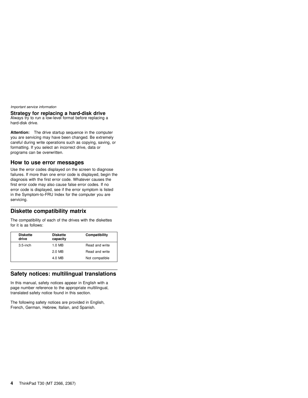 IBM MT 2366, MT 2367 How to use error messages, Diskette compatibility matrix, Safety notices multilingual translations 