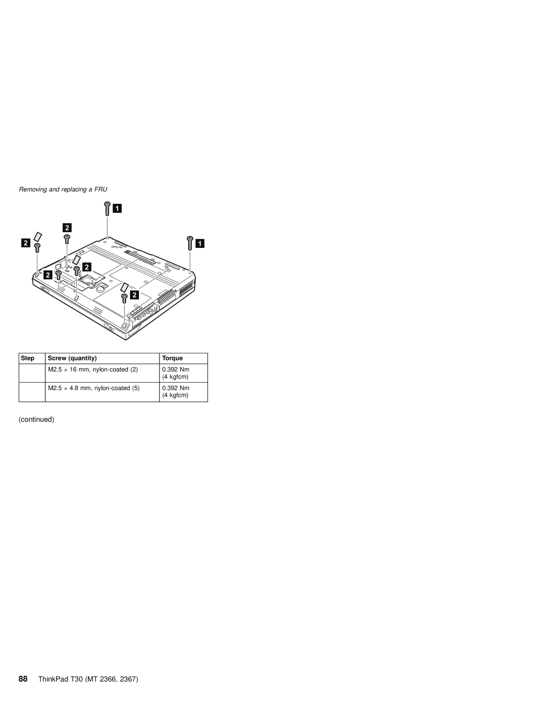 IBM MT 2366, MT 2367 manual M2.5 × 16 mm, nylon-coated 392 Nm Kgfcm Mm, nylon-coated 