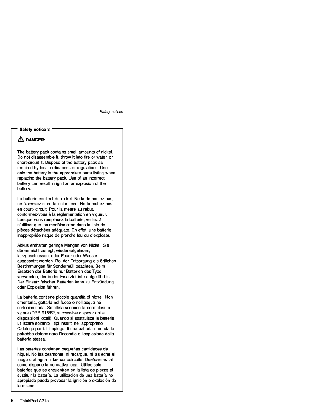 IBM MT 2632 manual Safety notice, ThinkPad A21e 